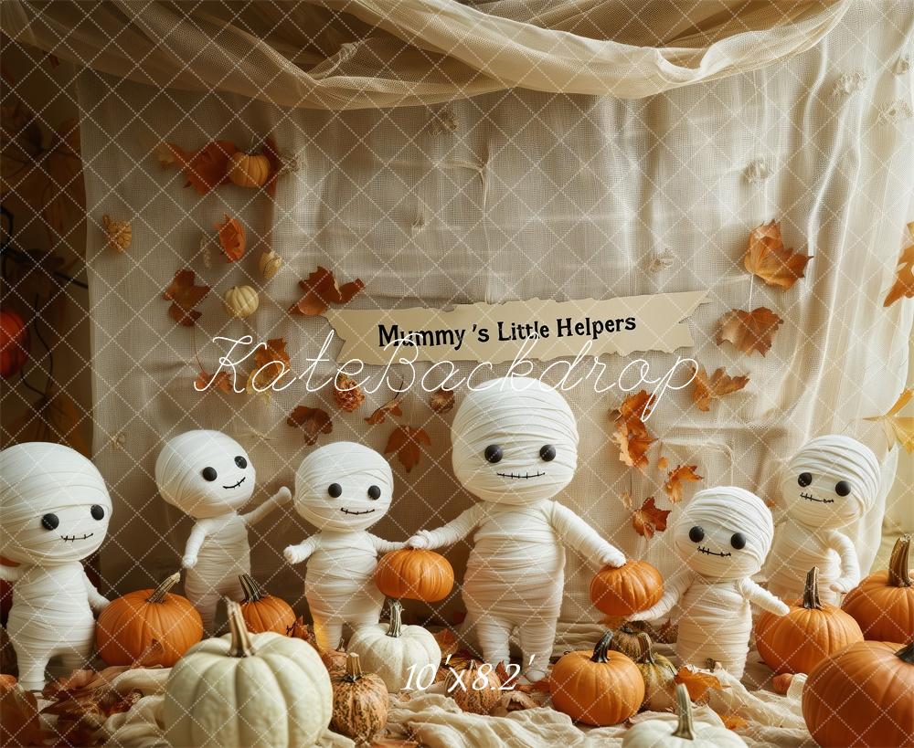 Kate Halloween Mumien Kürbisse Herbstlaub Hintergrund Entworfen von Patty Roberts - Kate Backdrop.de