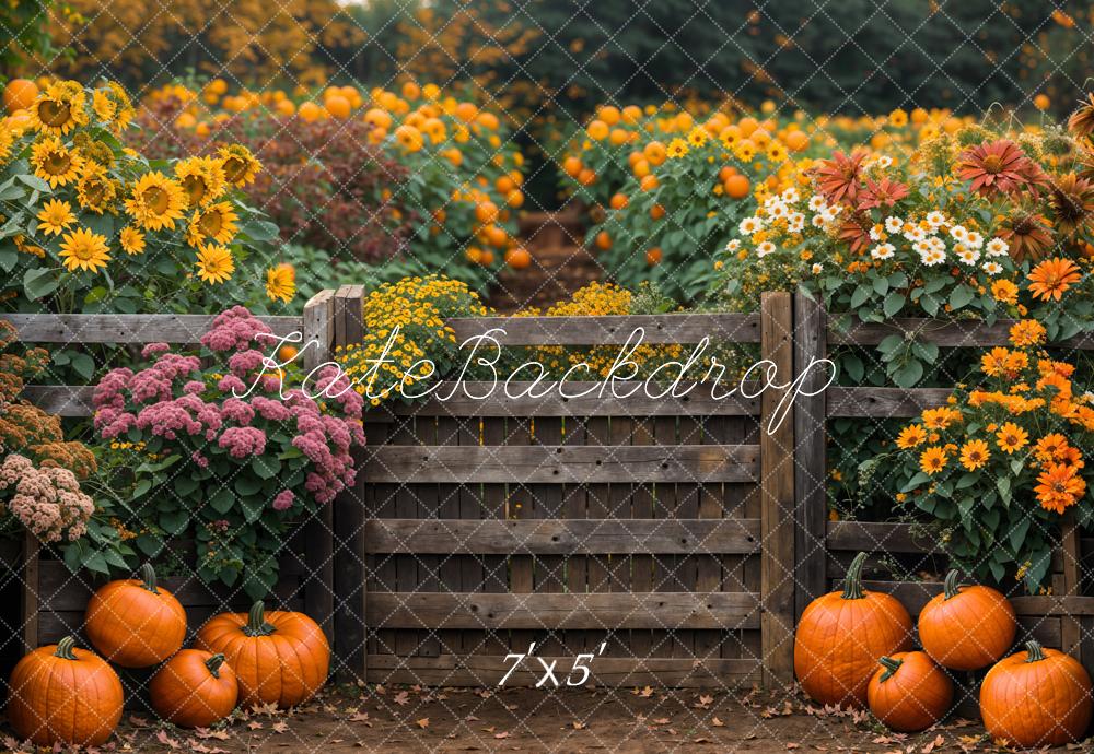 Kate Herbst Kürbisse Blumen Holzzaun Hintergrund Entworfen von Emetselch - Kate Backdrop.de