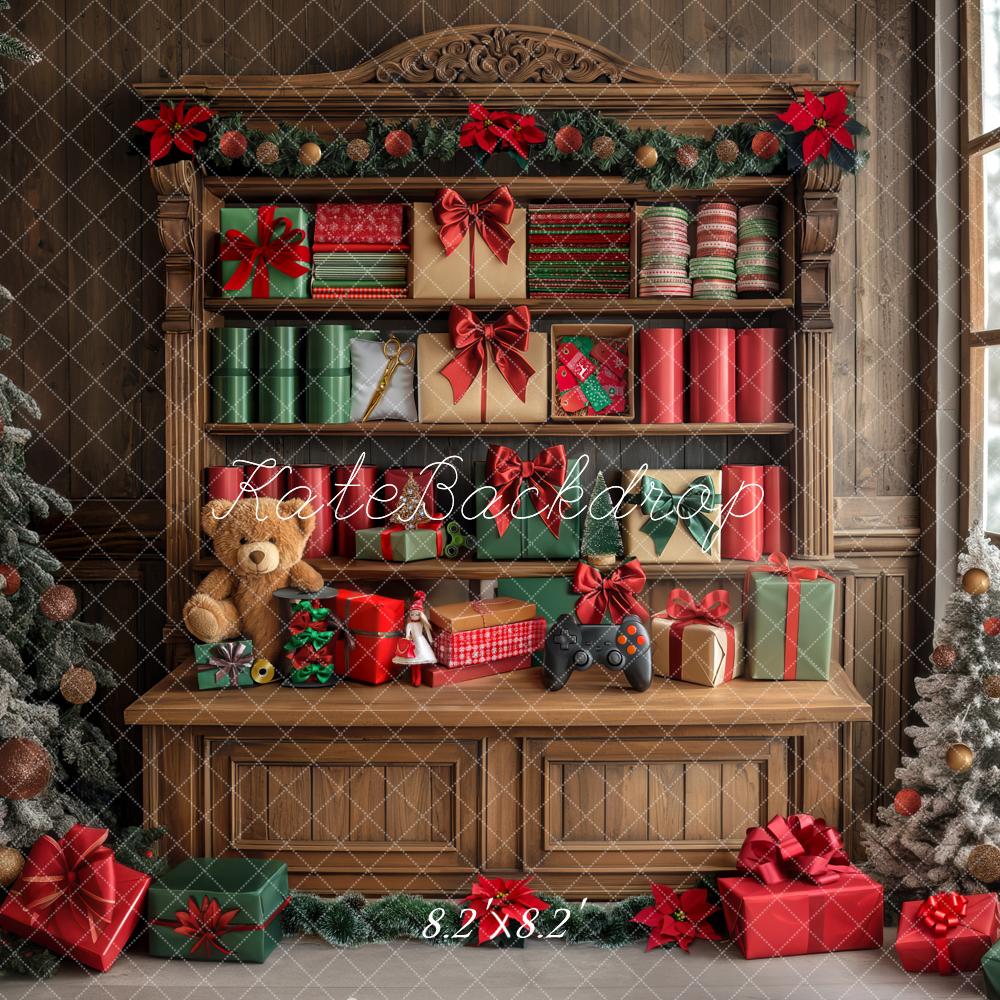 Kate Weihnachten Geschenke Schrank Braun Hintergrund Entworfen von Mini MakeBelieve - Kate Backdrop.de