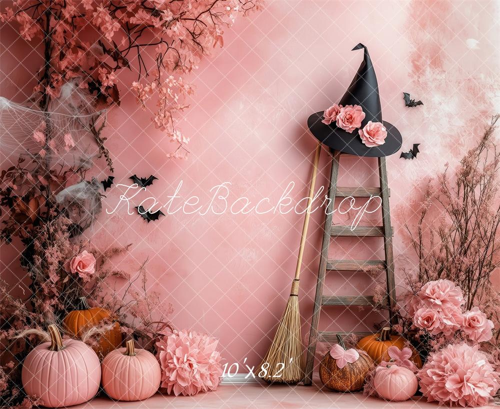 Kate Halloween Kürbis Hexenhut Blumen Rosa Hintergrund Entworfen von Patty Roberts - Kate Backdrop.de