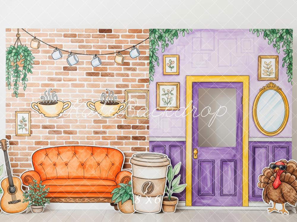 Kate Herbst Wohnzimmer Backsteinwand Lila Tür Hintergrund Entworfen von Patty Roberts - Kate Backdrop.de