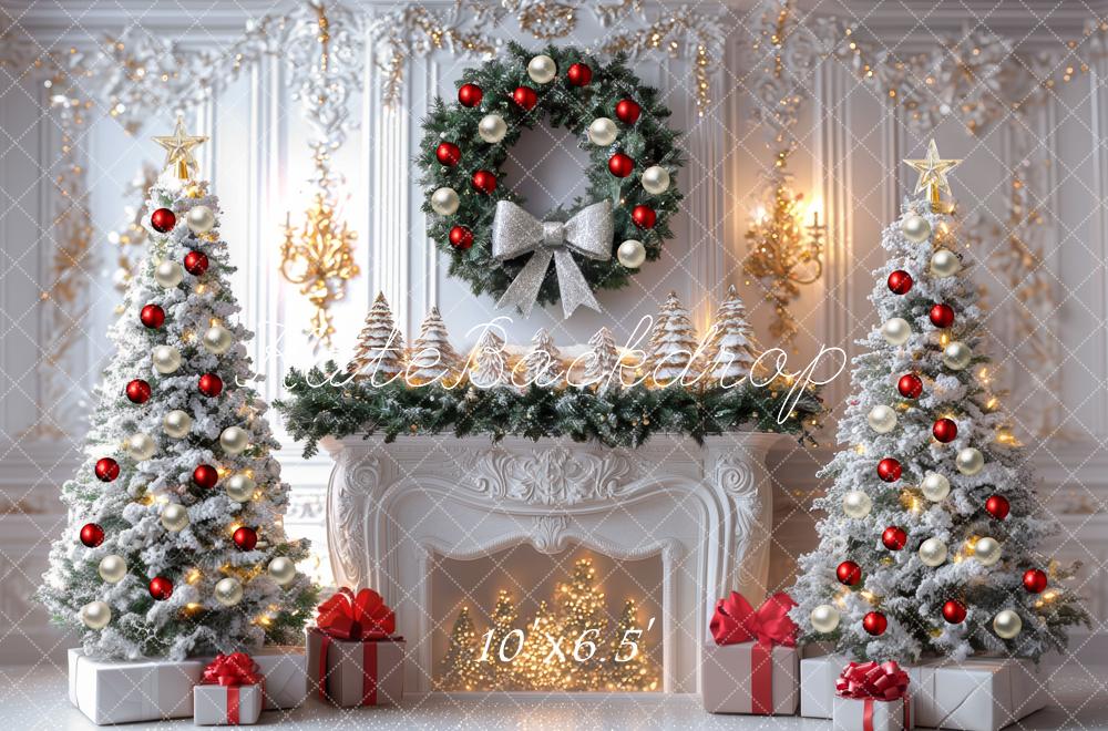 Kate Weihnachten Tannenbaum Kamin Weiß Hintergrund Entworfen von Mini MakeBelieve - Kate Backdrop.de