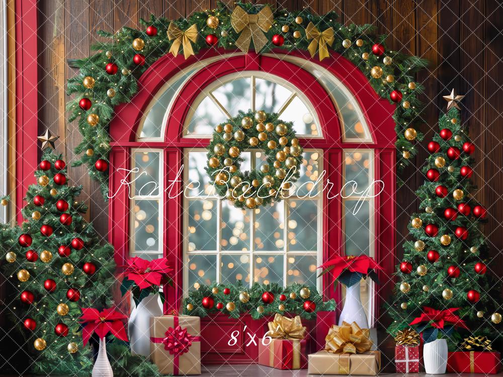 Kate Weihnachten Fenster Tannenbäume Geschenkboxen Hintergrund Entworfen von Mini MakeBelieve - Kate Backdrop.de