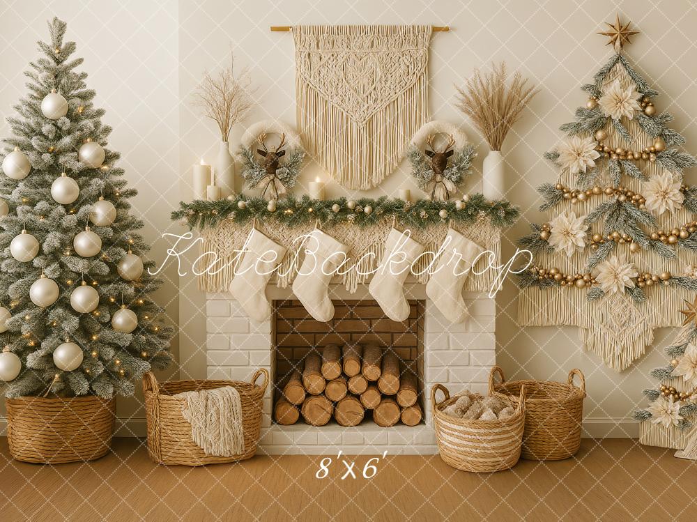 Kate Weihnachten Kamin Weihnachtsbaum Boho Hintergrund Entworfen von Ashley Paul - Kate Backdrop.de