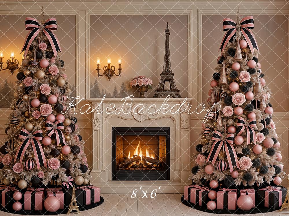 Kate Weihnachten Kamin Weihnachtsbaum Paris Rosa Hintergrund Entworfen von Ashley Paul - Kate Backdrop.de