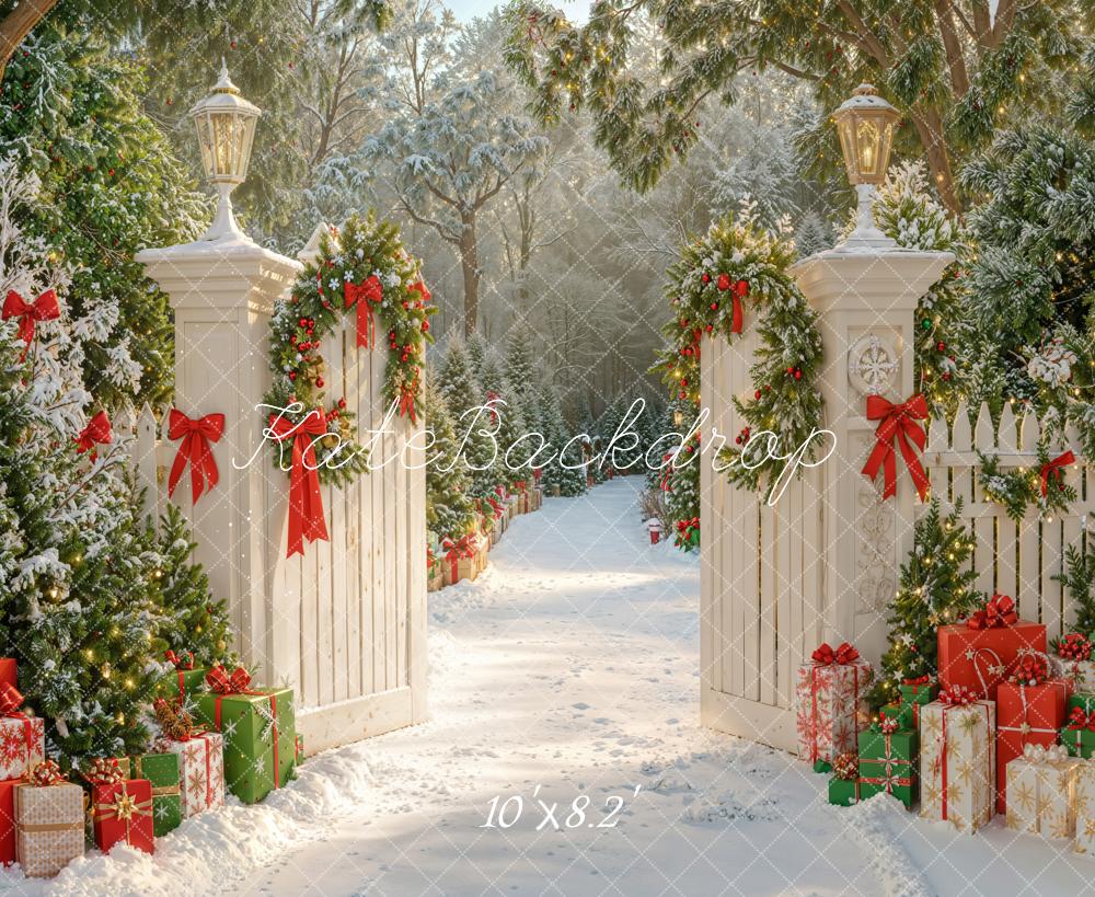 Kate Weihnachten Gartentor Geschenke Schnee Hintergrund Entworfen von Emetselch - Kate Backdrop.de
