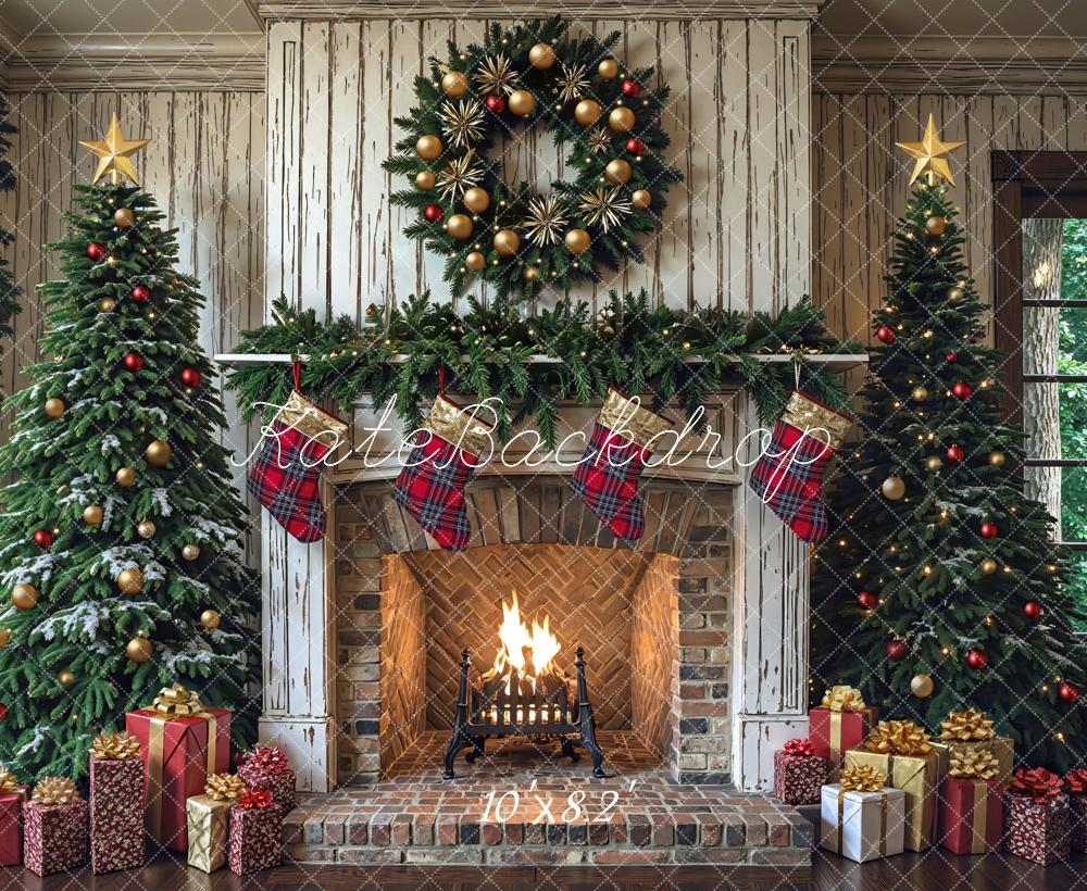 Kate Weihnachten Kamin Weihnachtsbaum Rustikal Hintergrund Entworfen von Mini MakeBelieve - Kate Backdrop.de