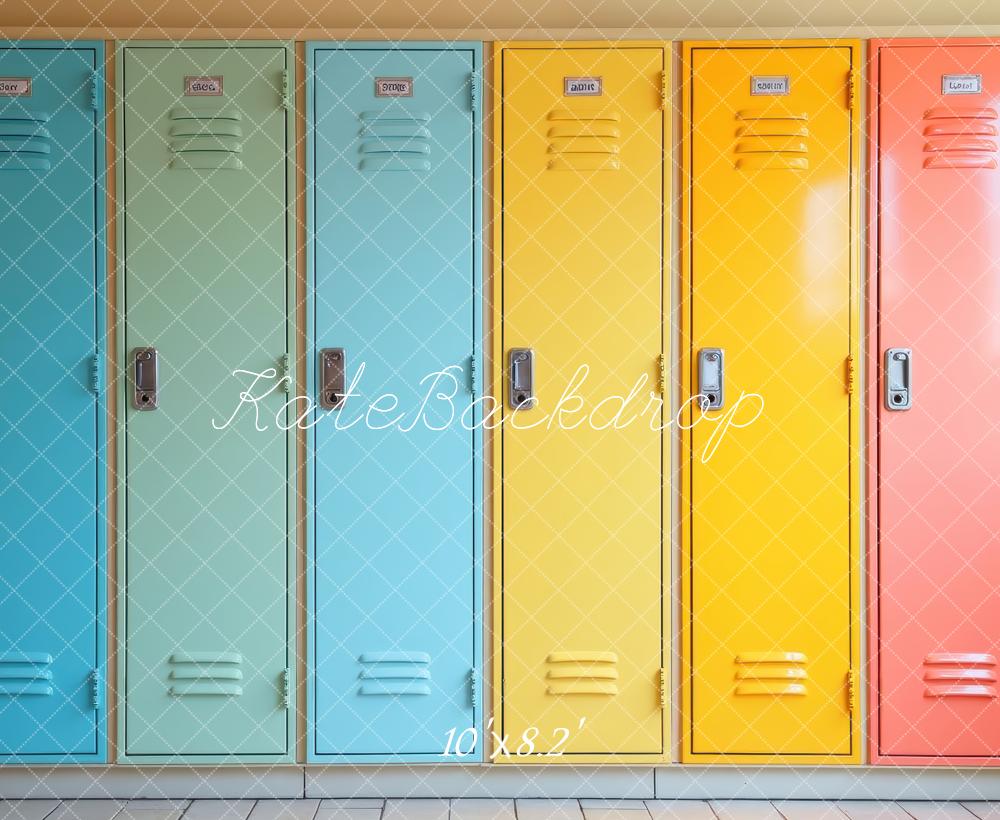 Kate Zurück Zur Schule Bunte Spinde Modern Hintergrund Entworfen von Laura Bybee - Kate Backdrop.de