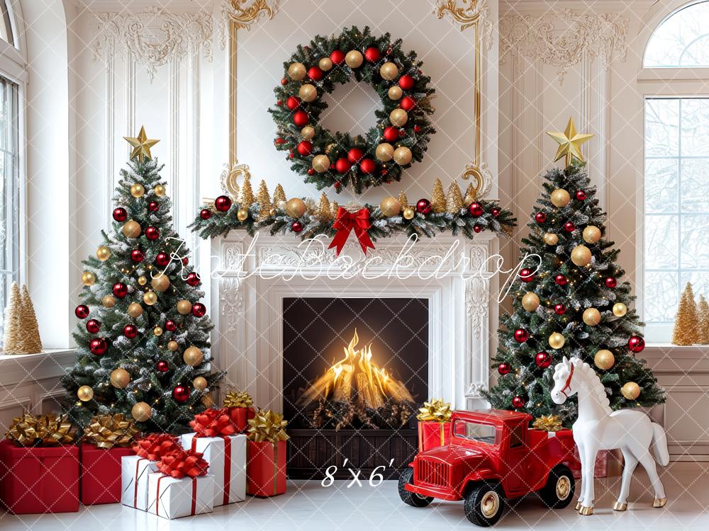 Kate Weihnachten Kamin Weihnachtsbaum Rot Gold Hintergrund Entworfen von Mini MakeBelieve - Kate Backdrop.de
