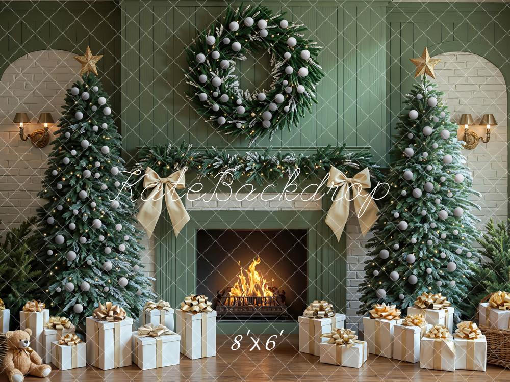 Kate Weihnachten Kamin Tannenbaum Grün Hintergrund Entworfen von Mini MakeBelieve - Kate Backdrop.de