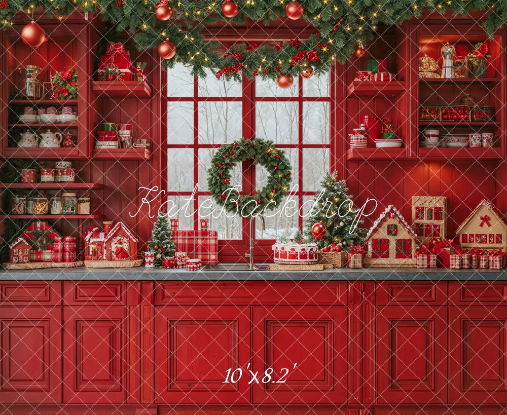 Kate Weihnachten Küche Lebkuchenhaus Rot Hintergrund Entworfen von Emetselch - Kate Backdrop.de