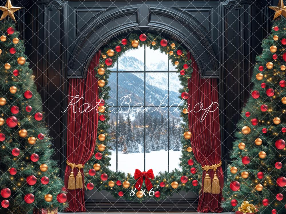 Kate Weihnachten Fenster Tannenbaum Rot Gold Hintergrund Entworfen von Mini MakeBelieve - Kate Backdrop.de