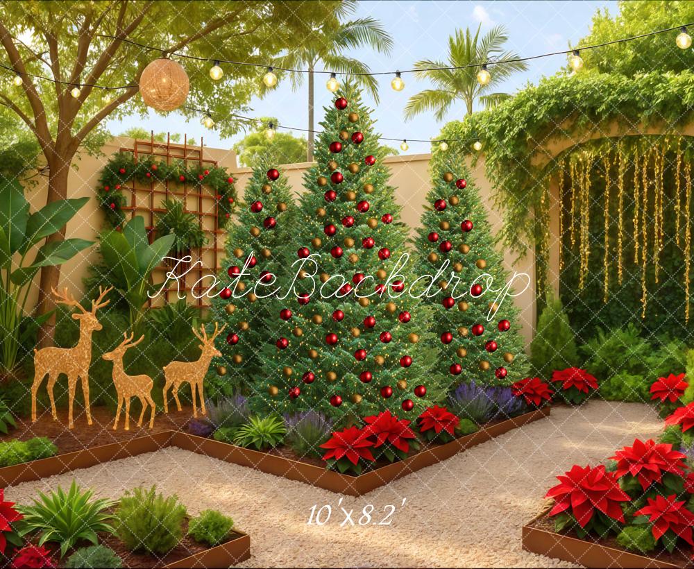 Kate Weihnachten Garten Tannenbäume Rot Hintergrund Entworfen von Mini MakeBelieve - Kate Backdrop.de
