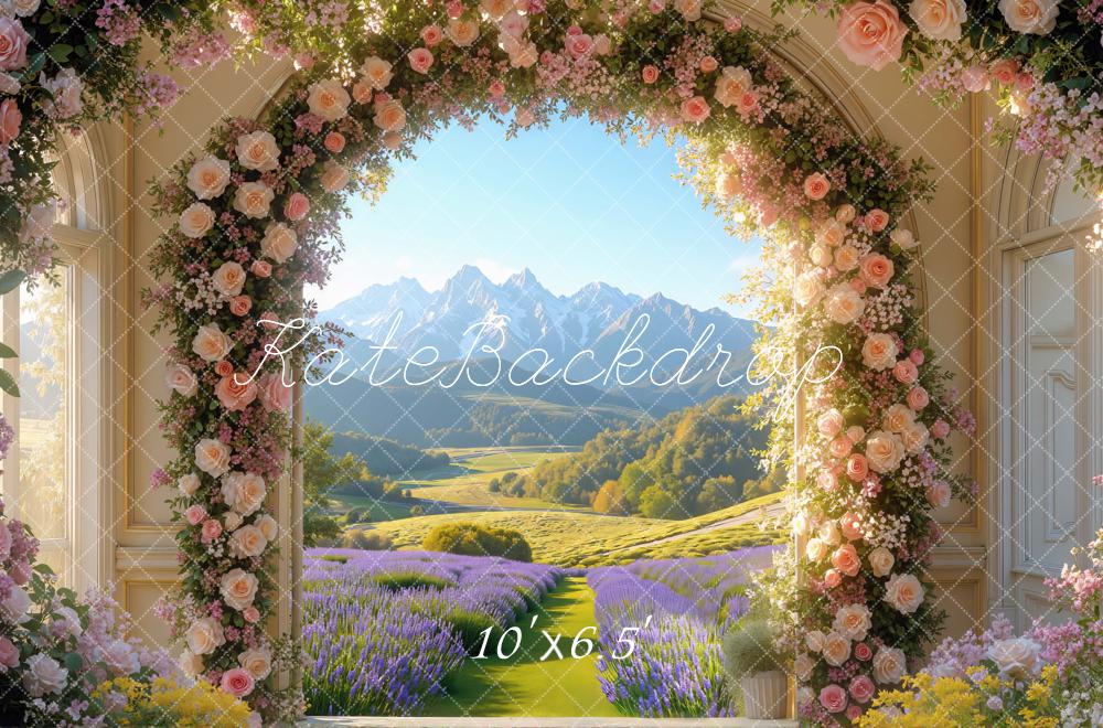 Kate Blumenbogen Lavendelfeld Berge Romantik Hintergrund Entworfen von Mini MakeBelieve - Kate Backdrop.de