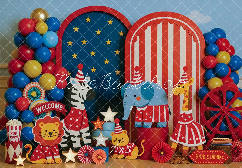 Kate Circus Tiere Luftballons Rot Blau Hintergrund Entworfen von Mini MakeBelieve - Kate Backdrop.de