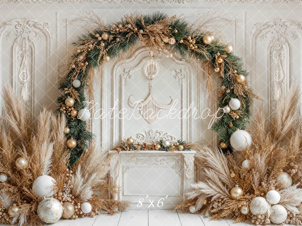 Kate Weihnachten Kamin Kranz Gold Hintergrund Entworfen von Emetselch - Kate Backdrop.de