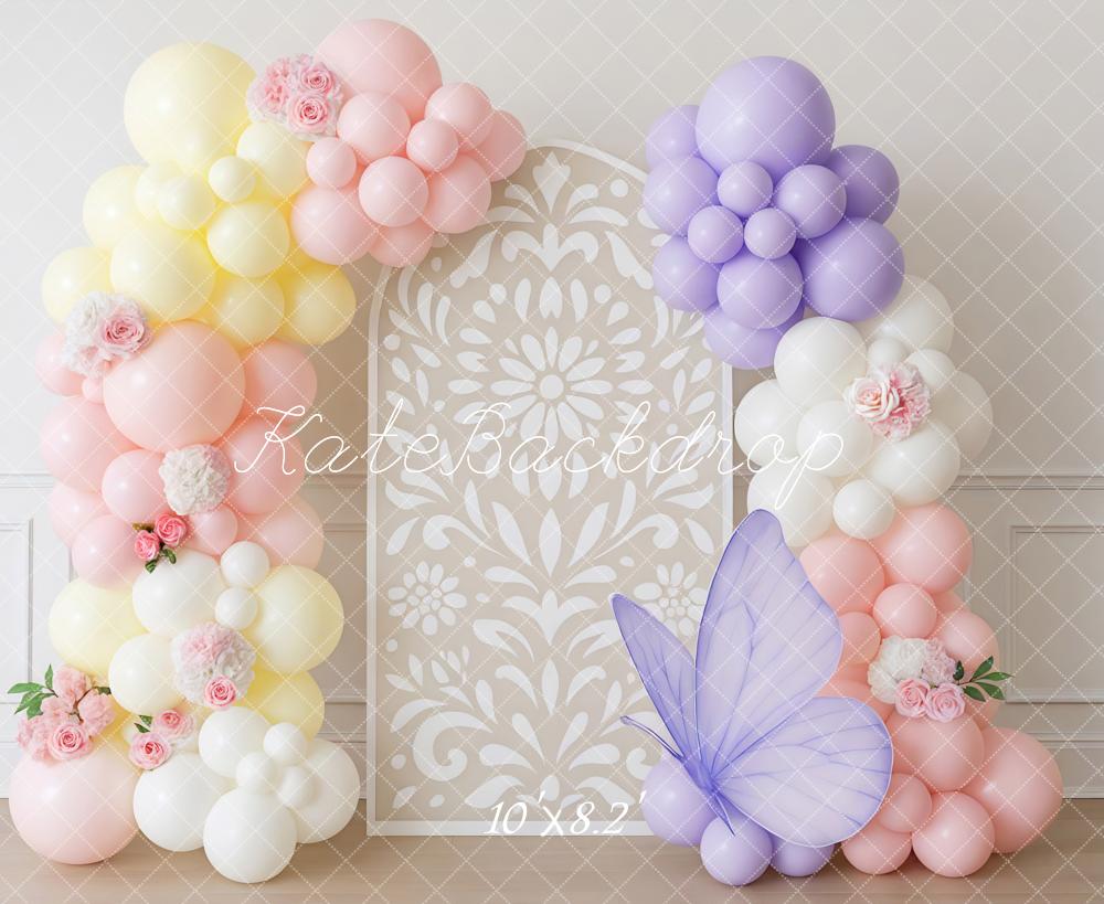 Kate Blumenbogen Ballons Schmetterling Pastell Hintergrund Entworfen von Mini MakeBelieve - Kate Backdrop.de