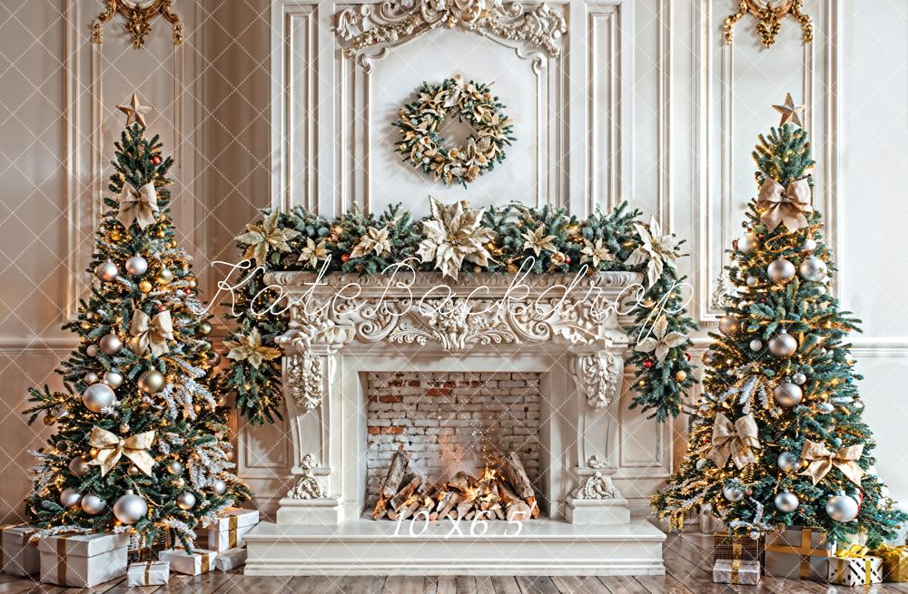 Kate Weihnachten Kamin Tannenbäume Gold Hintergrund Entworfen von Emetselch