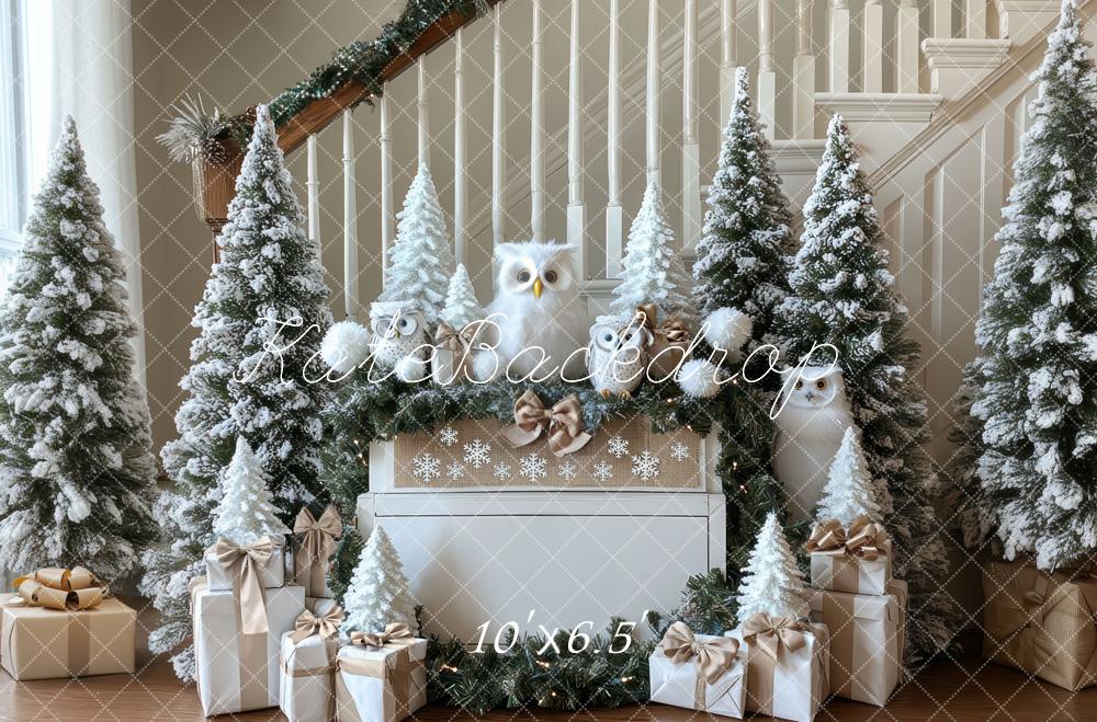 Kate Weihnachten Schnee Eulen Tannen Weiß Hintergrund Entworfen von Mini MakeBelieve - Kate Backdrop.de