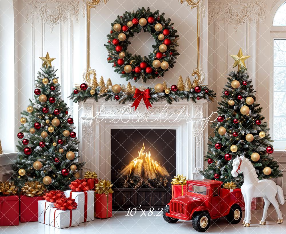 Kate Weihnachten Kamin Weihnachtsbaum Rot Gold Hintergrund Entworfen von Mini MakeBelieve - Kate Backdrop.de