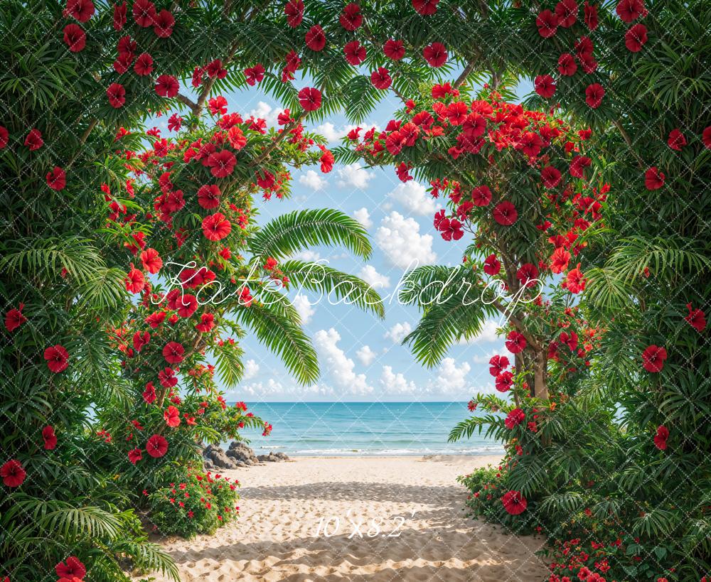 Kate Sommer Strand Palmen Rote Blumen Hintergrund Entworfen von Emetselch