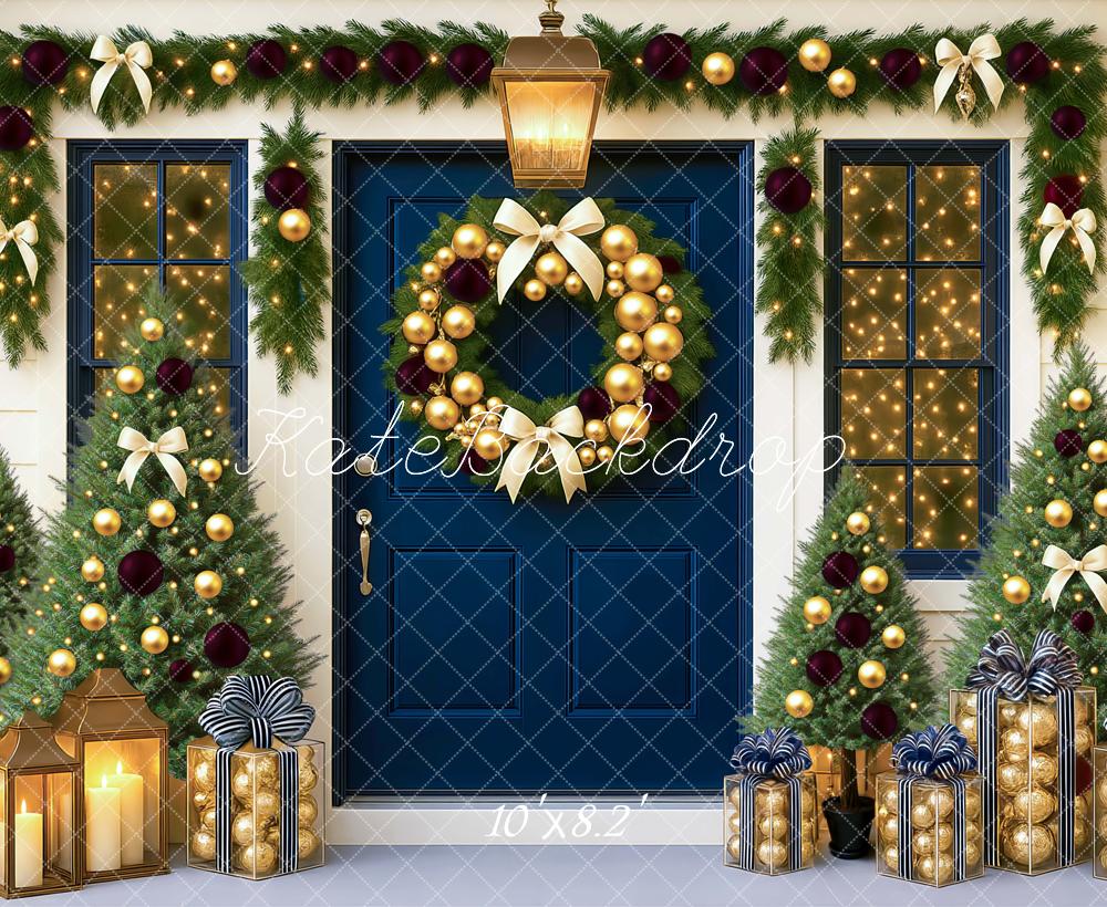 Kate Weihnachten Blaue Tür Geschenke Girlande Hintergrund Entworfen von Mini MakeBelieve - Kate Backdrop.de