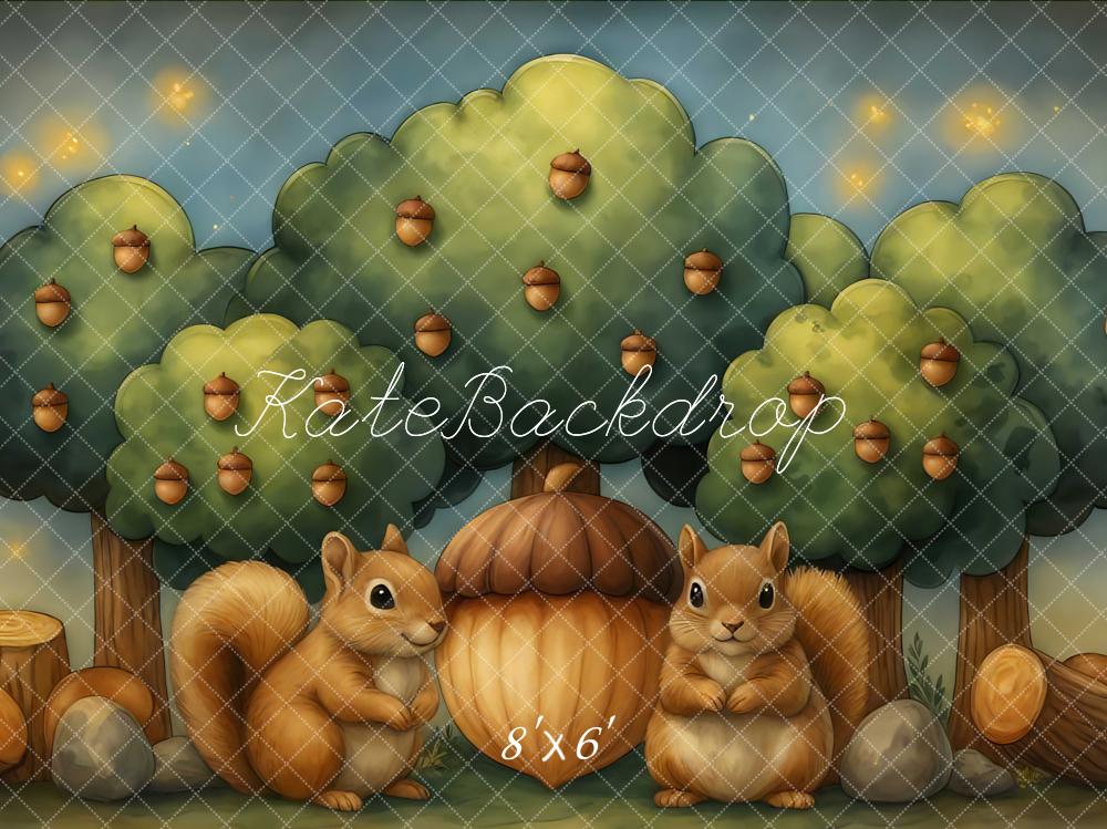 Kate Herbst Eichhörnchen Eichen Bäume Cartoon Hintergrund Entworfen von Mini MakeBelieve - Kate Backdrop.de