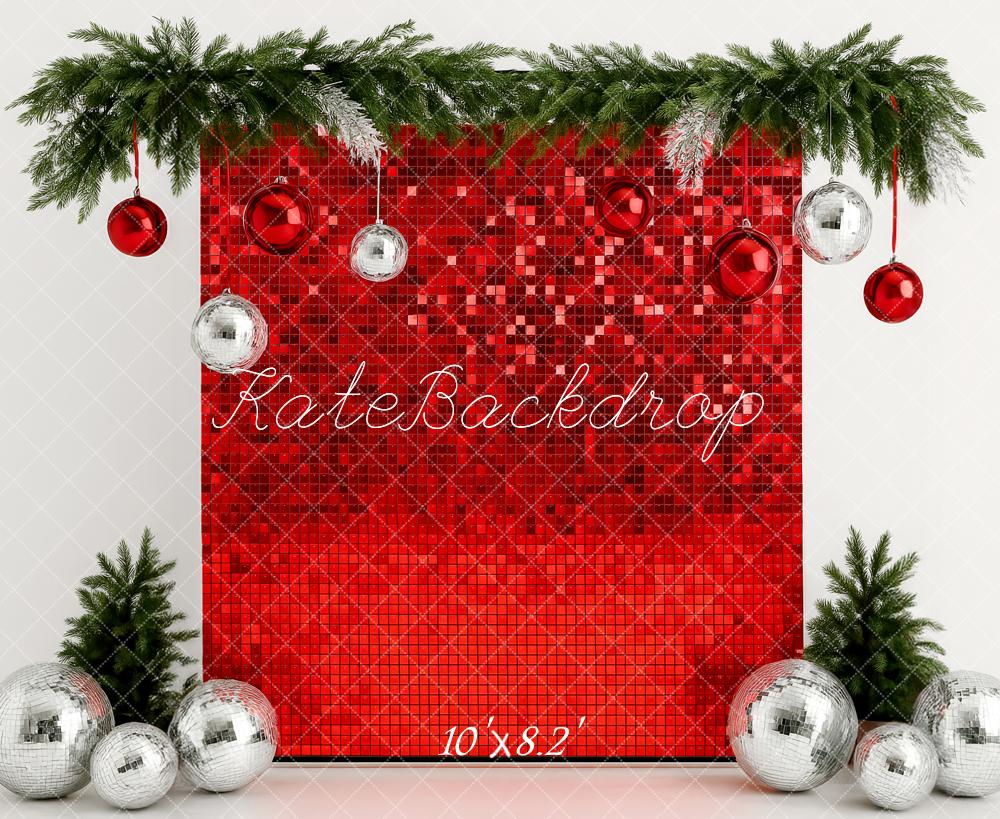 Kate Weihnachten Glitzer Kugeln Rot Hintergrund Entworfen von Patty Roberts - Kate Backdrop.de