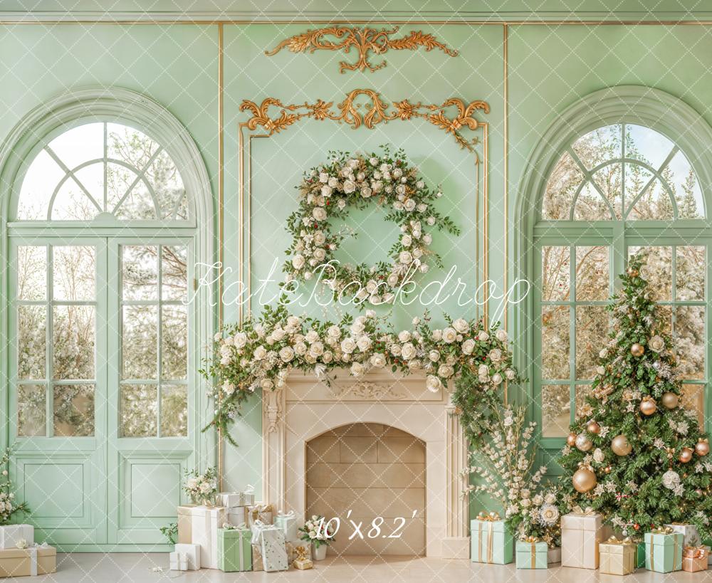 Kate Weihnachten Kamin Fenster Mintgrün Hintergrund Entworfen von Emetselch - Kate Backdrop.de