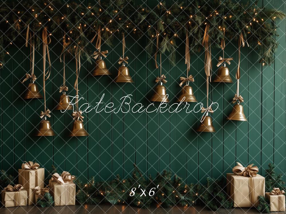 ⚡Blitzangebote-Kate Weihnachten Glocken Tannenzweige Grün Hintergrund Entworfen von Patty Roberts - Kate Backdrop.de