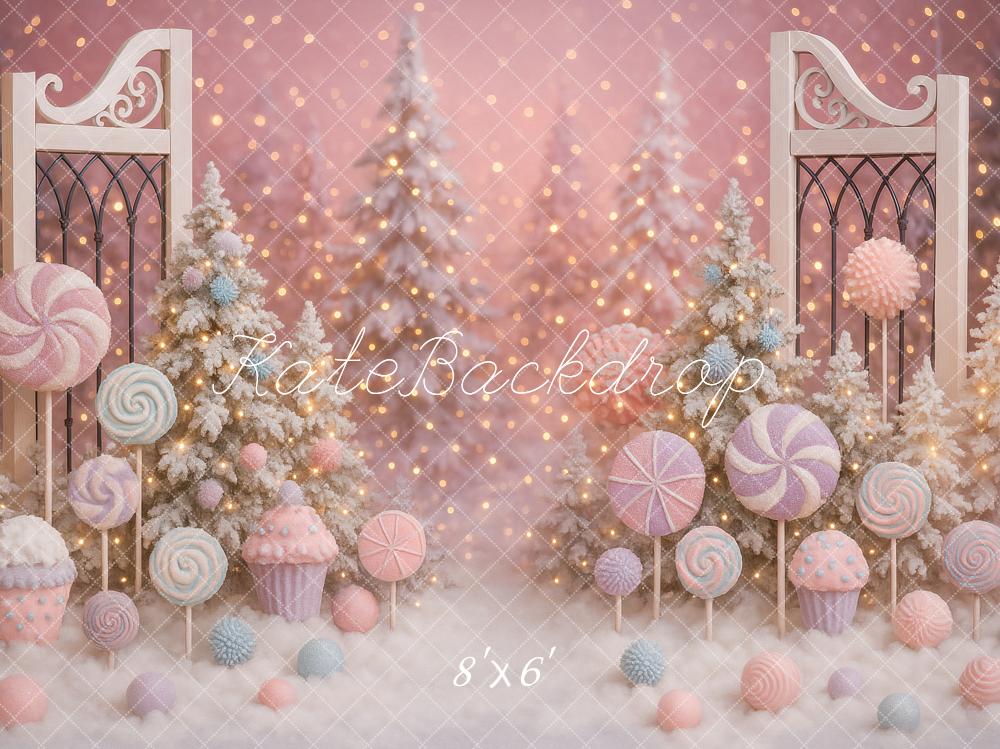 Kate Weihnachten Süßigkeiten Tannen Rosa Hintergrund Entworfen von Ashley Paul - Kate Backdrop.de