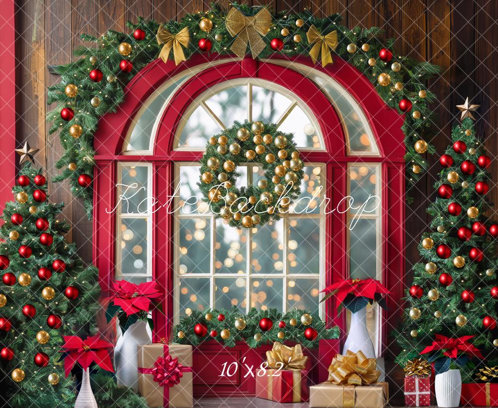 Kate Weihnachten Fenster Tannenbäume Geschenkboxen Hintergrund Entworfen von Mini MakeBelieve - Kate Backdrop.de