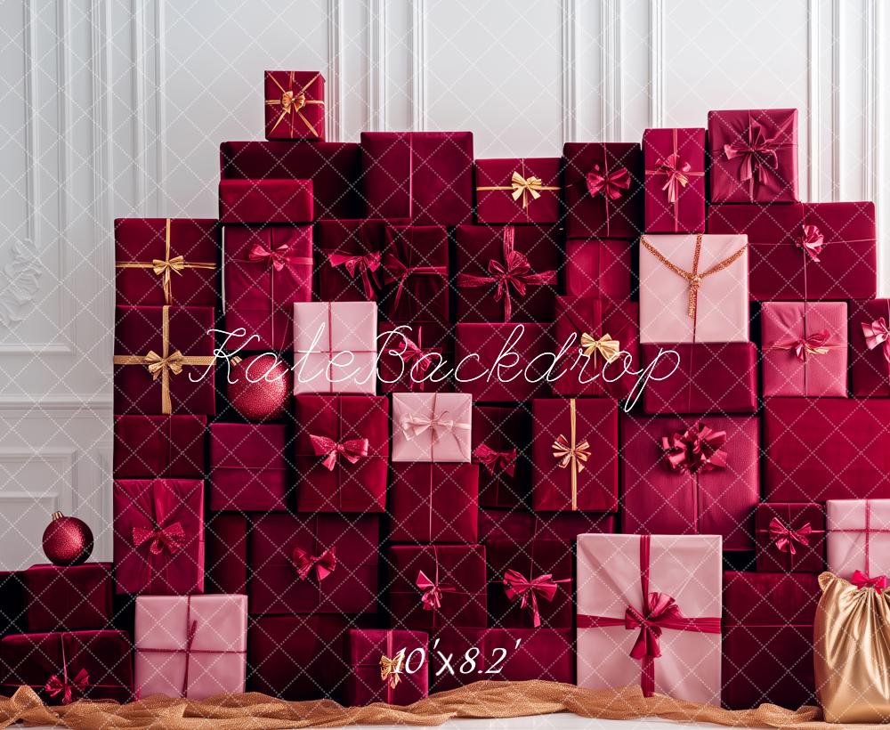 Kate Weihnachten Geschenke Stapel Rot Hintergrund Entworfen von Patty Roberts - Kate Backdrop.de