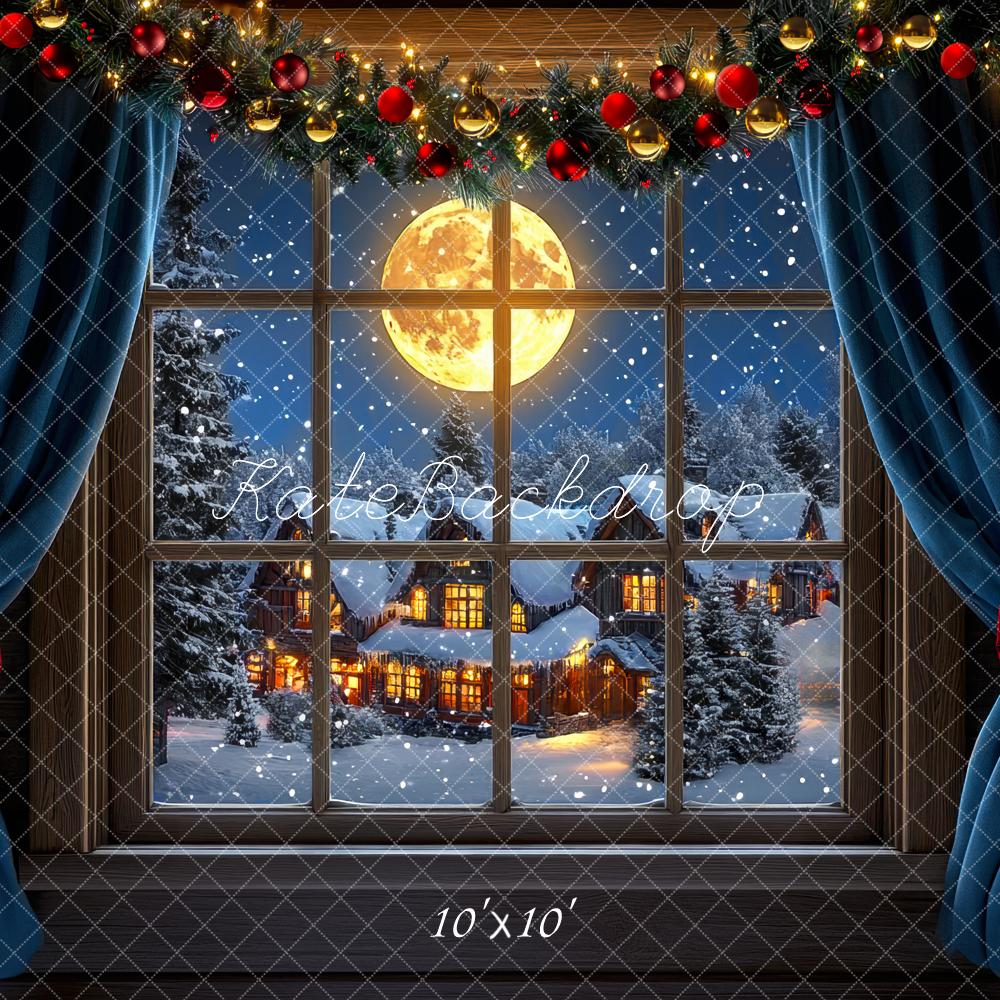 Kate Weihnachten Fenster Winterdorf Nacht Hintergrund Entworfen von Mini MakeBelieve - Kate Backdrop.de