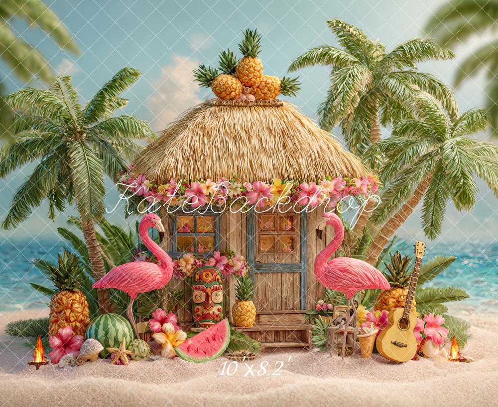 Kate Sommer Strandhütte Palmen Flamingos Hintergrund Entworfen von Ashley Paul - Kate Backdrop.de