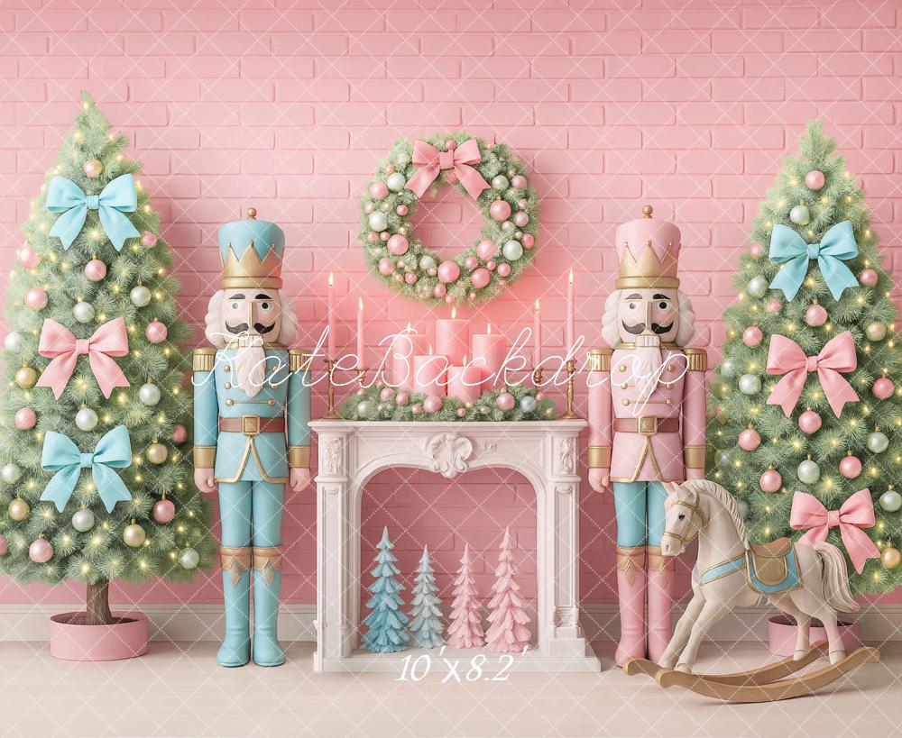 Kate Weihnachten Nussknacker Kamin Pastellrosa Hintergrund Entworfen von Ashley Paul - Kate Backdrop.de