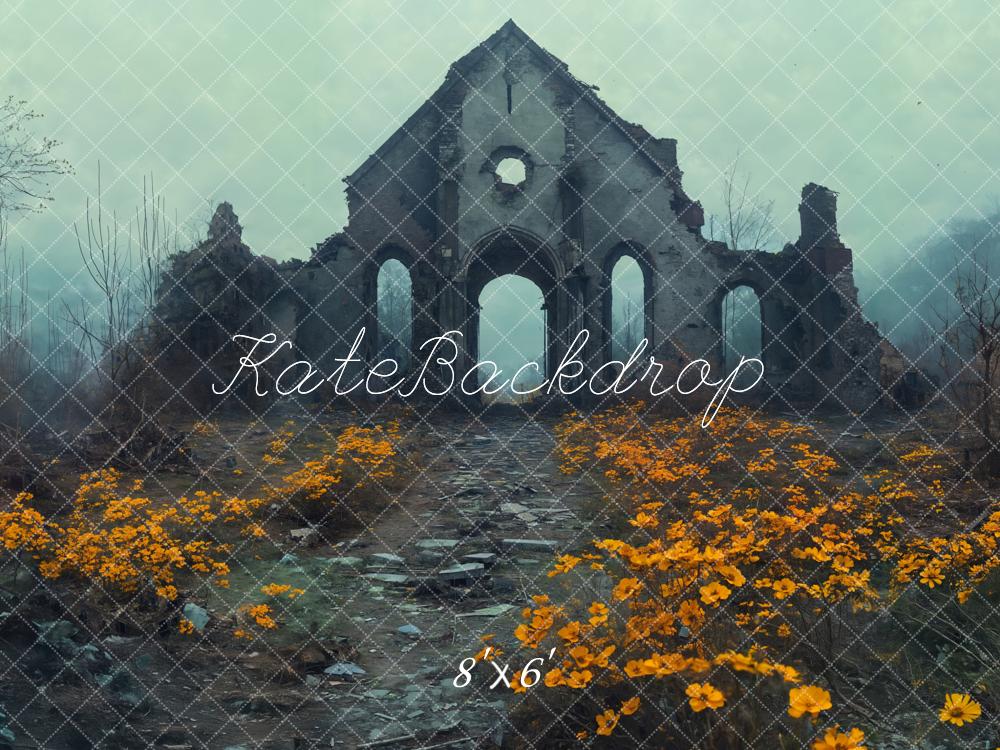 Kate Ruine Gelbe Blumen Nebel Fleece Hintergrund Entworfen von Emetselch - Kate Backdrop.de