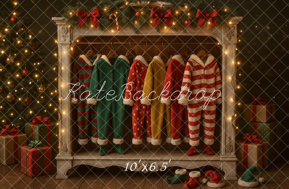 Kate Weihnachten Elfenkostüme Kamin Vintage Hintergrund Entworfen von Ashley Paul - Kate Backdrop.de