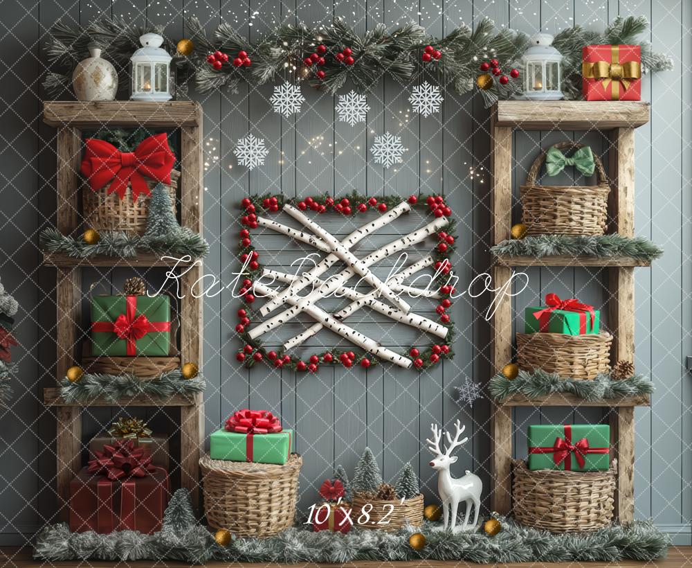 Kate Weihnachten Geschenke Regale Rustikal Hintergrund Entworfen von Mini MakeBelieve - Kate Backdrop.de
