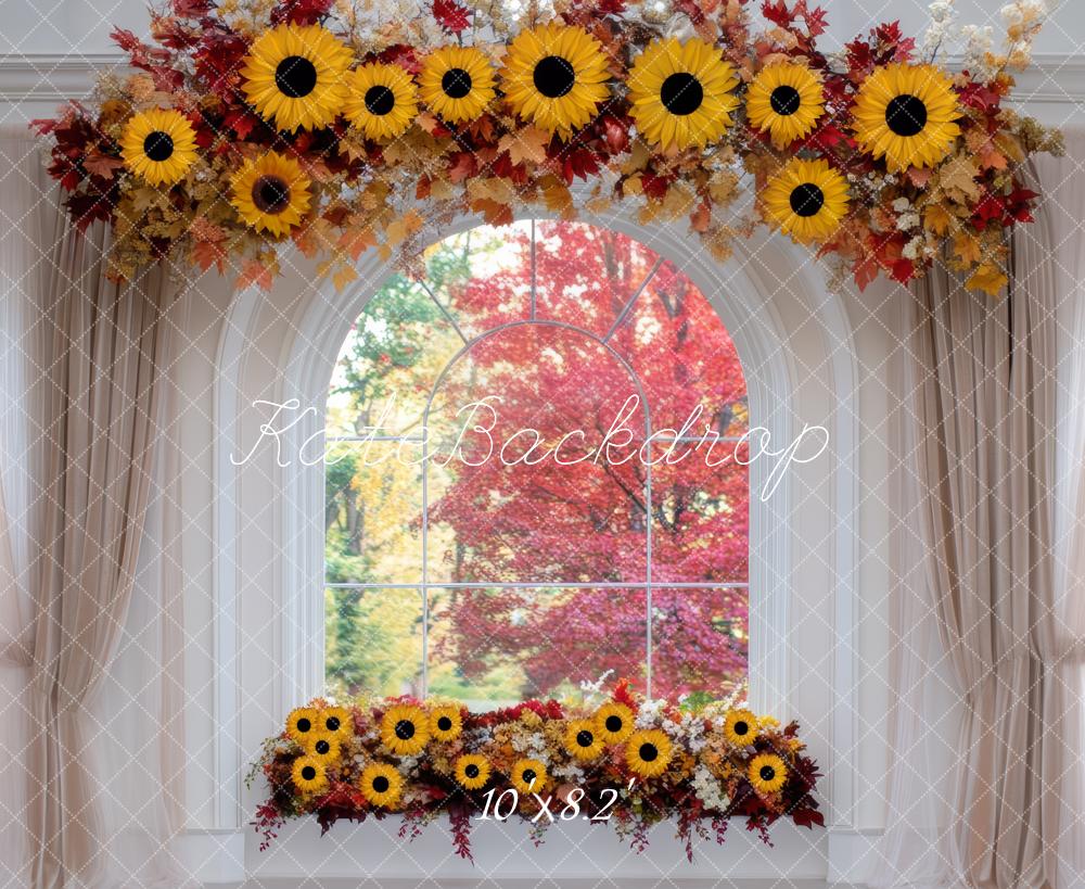 Kate Herbst Fenster Sonnenblumen Blumenbogen Hintergrund Entworfen von Mini MakeBelieve - Kate Backdrop.de