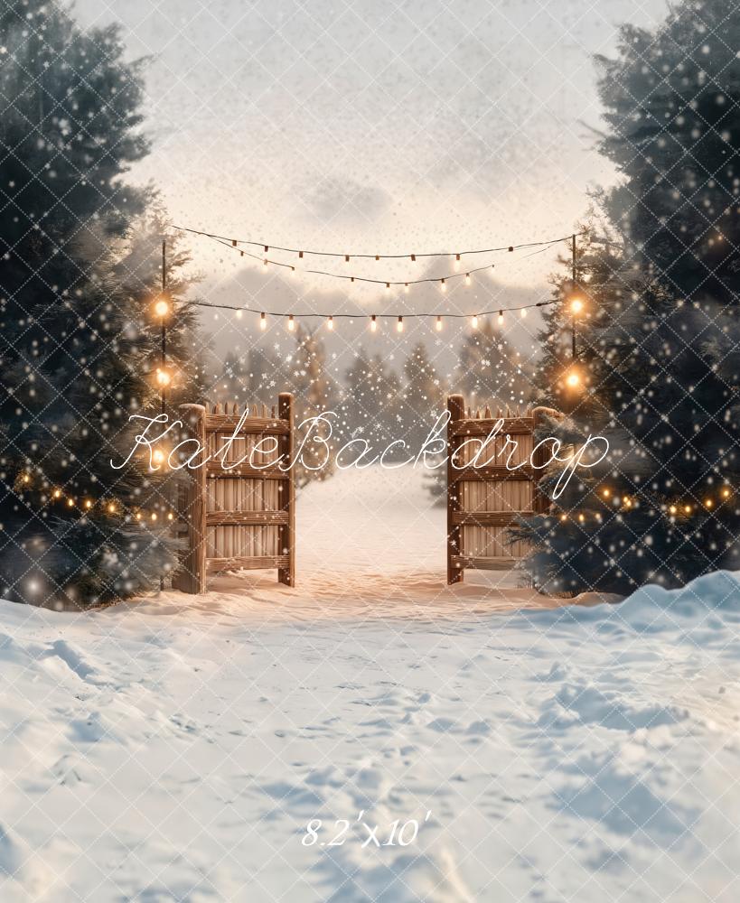 ⚡Blitzangebote-Kate Winter Lichterkette Holztor Schnee Hintergrund Entworfen von Emetselch - Kate Backdrop.de