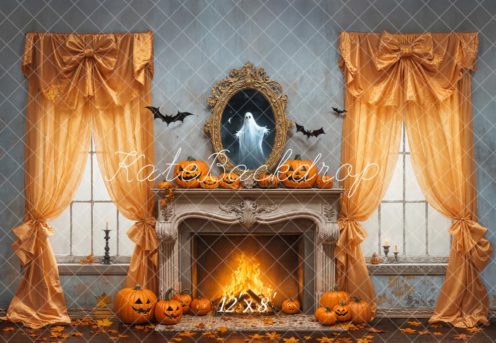 Kate Halloween Kürbisse Kamin Goldvorhänge Fleece Hintergrund Entworfen von Emetselch - Kate Backdrop.de