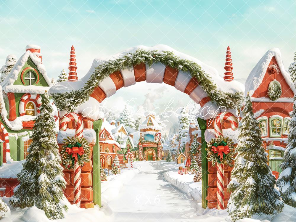 Kate Weihnachten Zuckerstangenbogen Dorf Winter Fleece Hintergrund Entworfen von Chain - Kate Backdrop.de