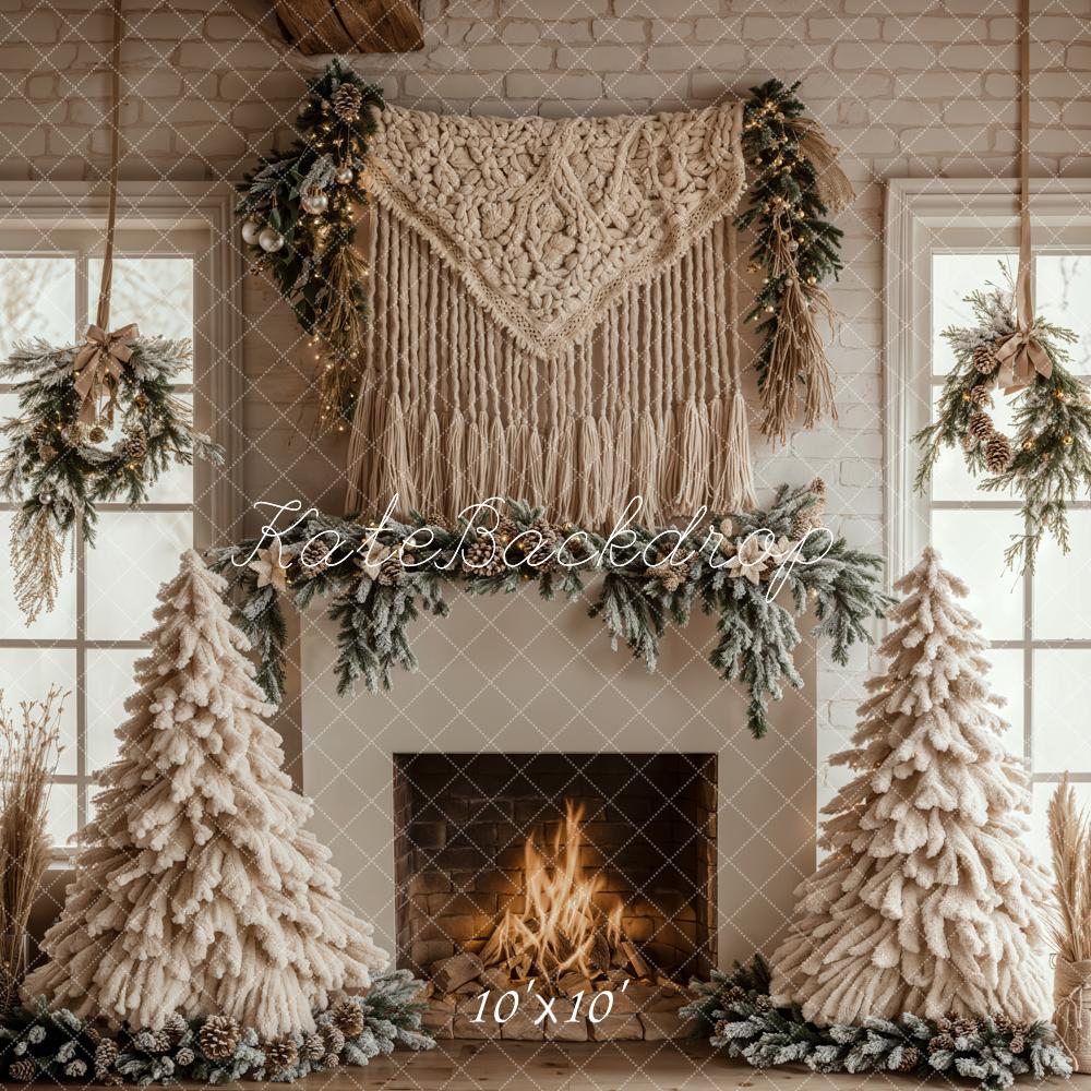Kate Weihnachten Kamin Tannen Bäume Beige Hintergrund Entworfen von Emetselch