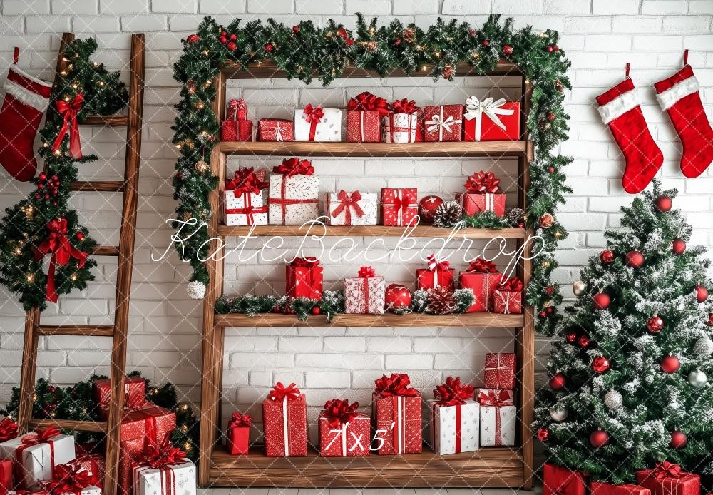 Kate Weihnachten Geschenke Regal Tannenbaum Hintergrund Entworfen von Patty Roberts - Kate Backdrop.de