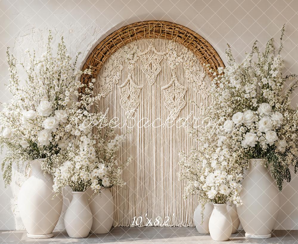 Kate Boho Bogen Makramee Blumen Weiß Hintergrund Entworfen von Emetselch - Kate Backdrop.de