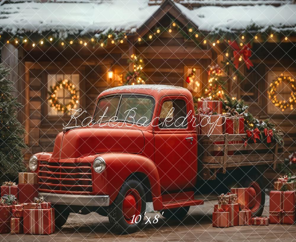 Kate Weihnachten Roter LKW Geschenkboxen Rustikal Fleece Hintergrund Entworfen von Emetselch - Kate Backdrop.de