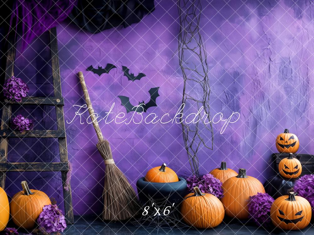 Kate Halloween Kürbisse Fledermäuse Lila Hintergrund Entworfen von Patty Roberts - Kate Backdrop.de