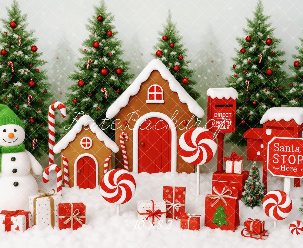Kate Weihnachten Lebkuchenhaus Schneemann Rot Hintergrund Entworfen von Patty Roberts - Kate Backdrop.de
