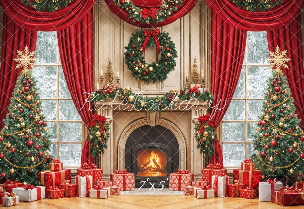 Kate Weihnachten Kamin Tannenbaum Rot Hintergrund Entworfen von Emetselch - Kate Backdrop.de